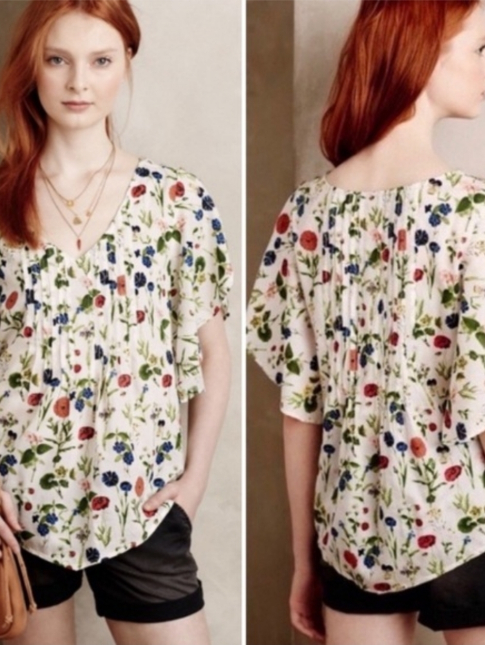 Maeve "Maya" White Floral Pintuck Blouse with Ruffled Sleeves